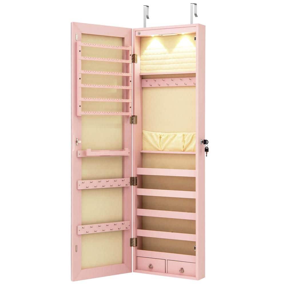Costway Pink MDF Mirrored Wall & Door Mounted Jewelry Cabinet
