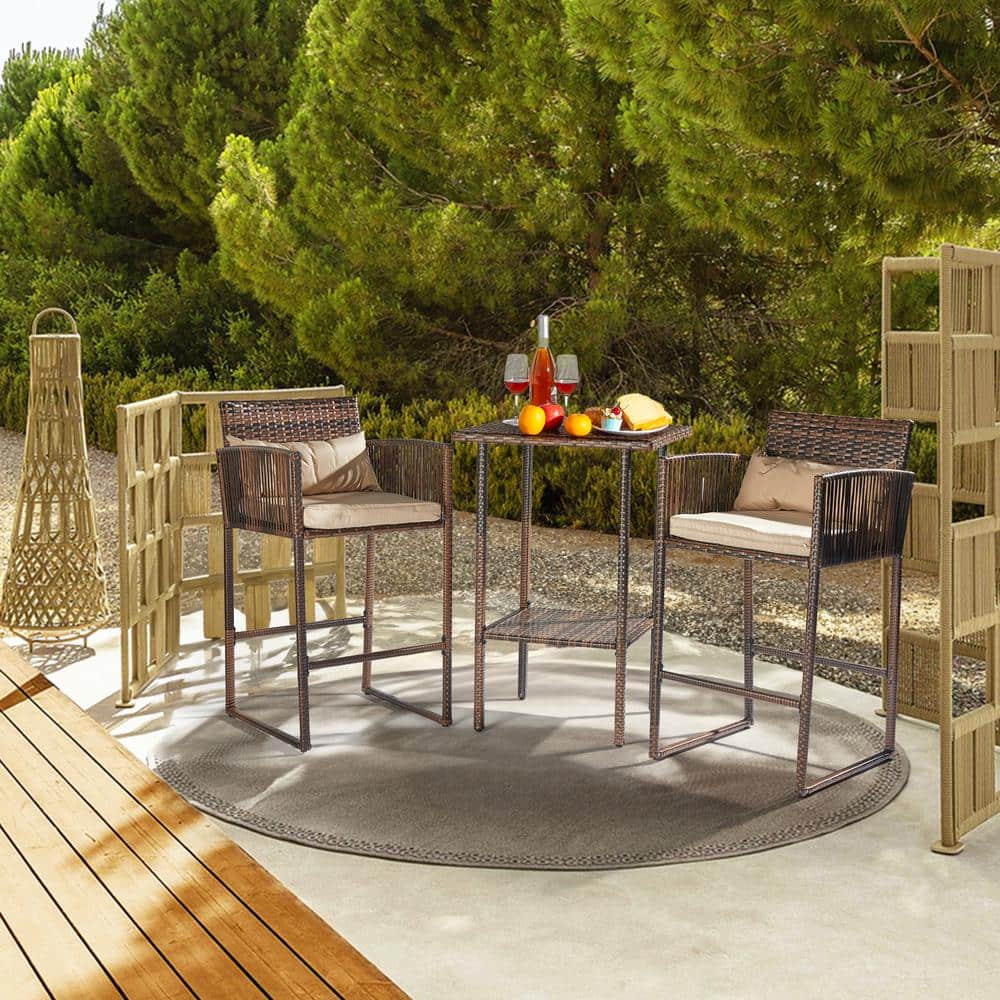 Brown Steel and Wicker Bar Height Outdoor Set with Beige Cushions