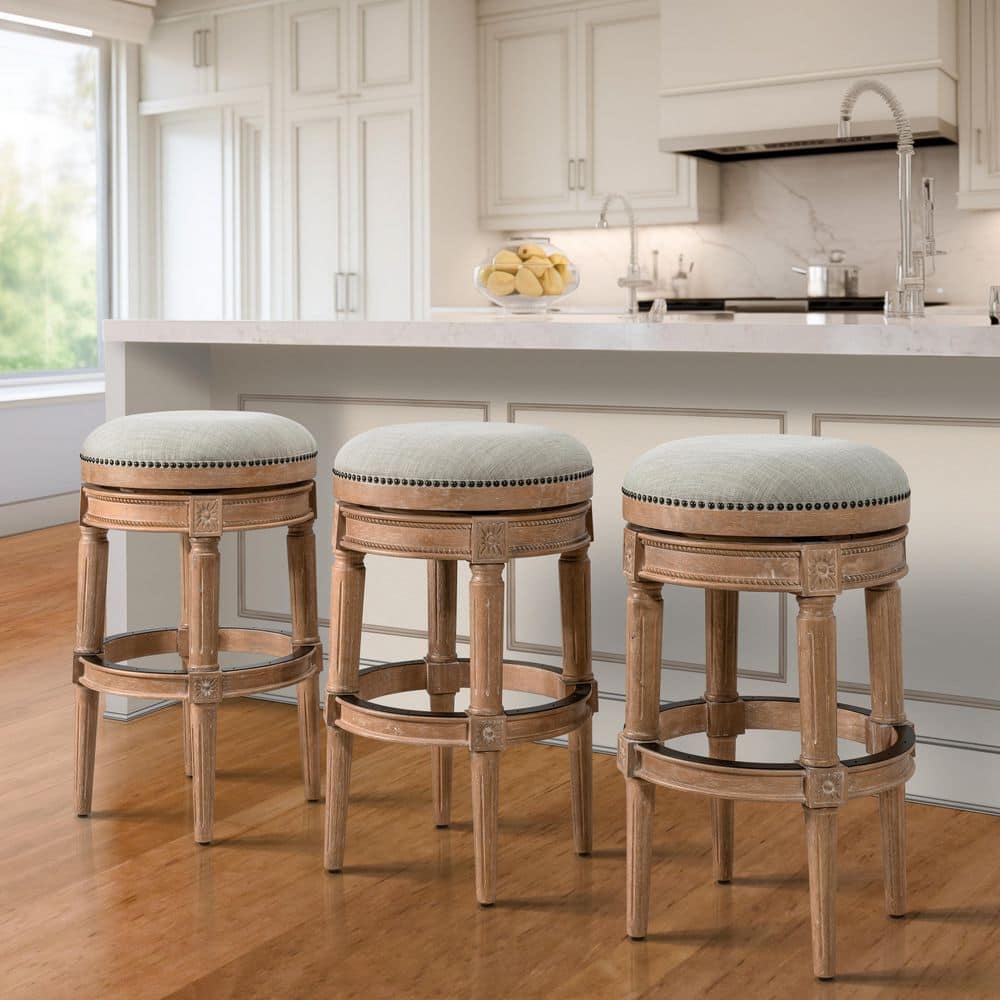 Weathered Natural Oak Backless Swivel Bar Stool with Gray Upholstered Seat