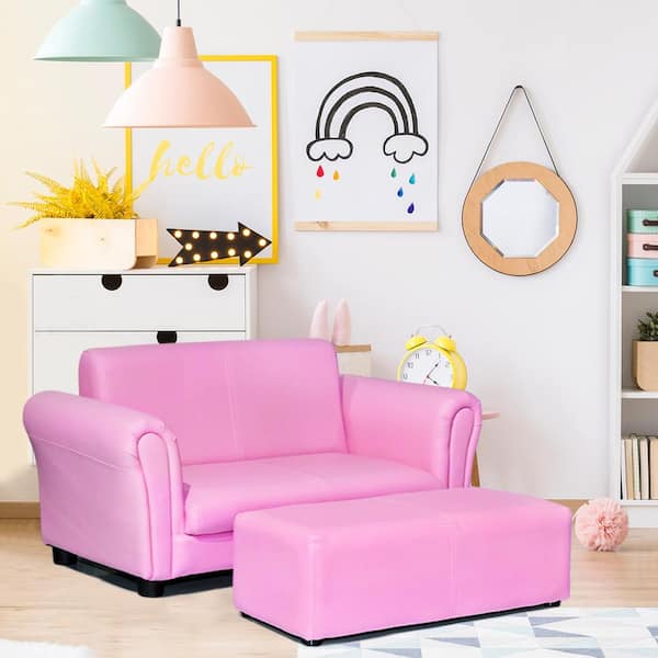 Costway Pink Faux Leather Upholstery Kids Arm Chair Kids Sofa Couch Lounge with Ottoman QD 54 A1G3N1 The Home Depot