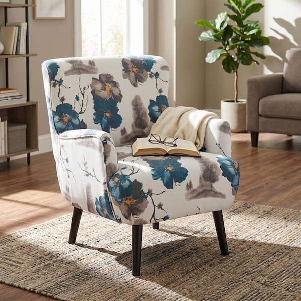 Dovix Modern White Plus Blue Floral Chenille Upholstered Accent Arm Chair with Tufted Backrest, Solid Wood Legs