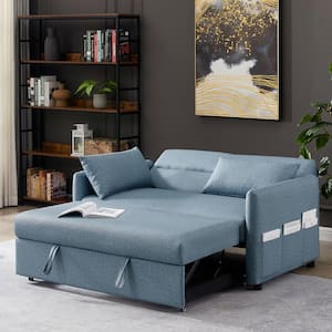 57 in. Blue Modern Convertible Full Size Pull Out Faux Leather Sleeper Sofa Bed Reclining with Adjustable Backrest