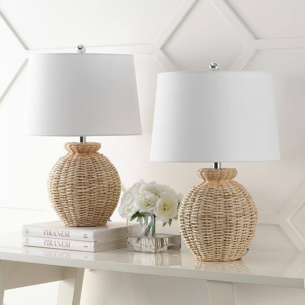 Nora 22" Woven Rattan Urn Shape Table Lamp Set with White Linen Shade