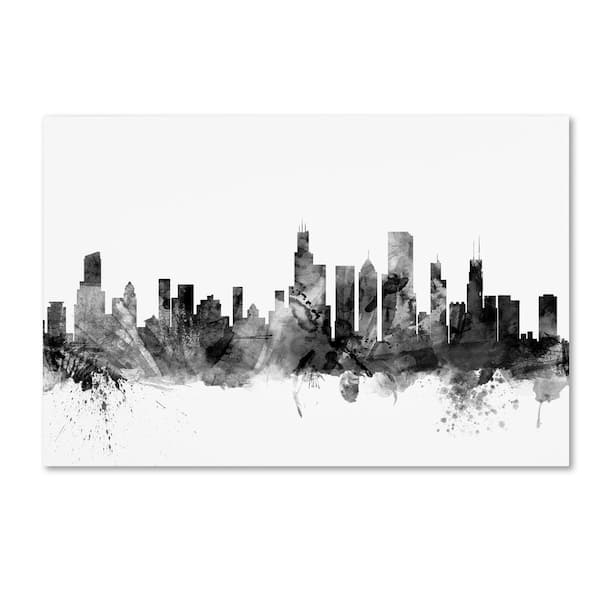 Trademark Fine Art Chicago Illinois Skyline B&W by Michael Tompsett Floater Frame Architecture Wall Art 30 in. x 47 in.