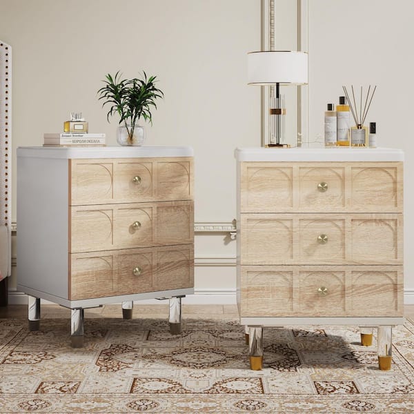 BYBLIGHT Fenley 2PCS Light Brown&White 3-Drawer Nightstand Bedside Table, Bedroom Night Stand with Storage with Acrylic Gold Legs