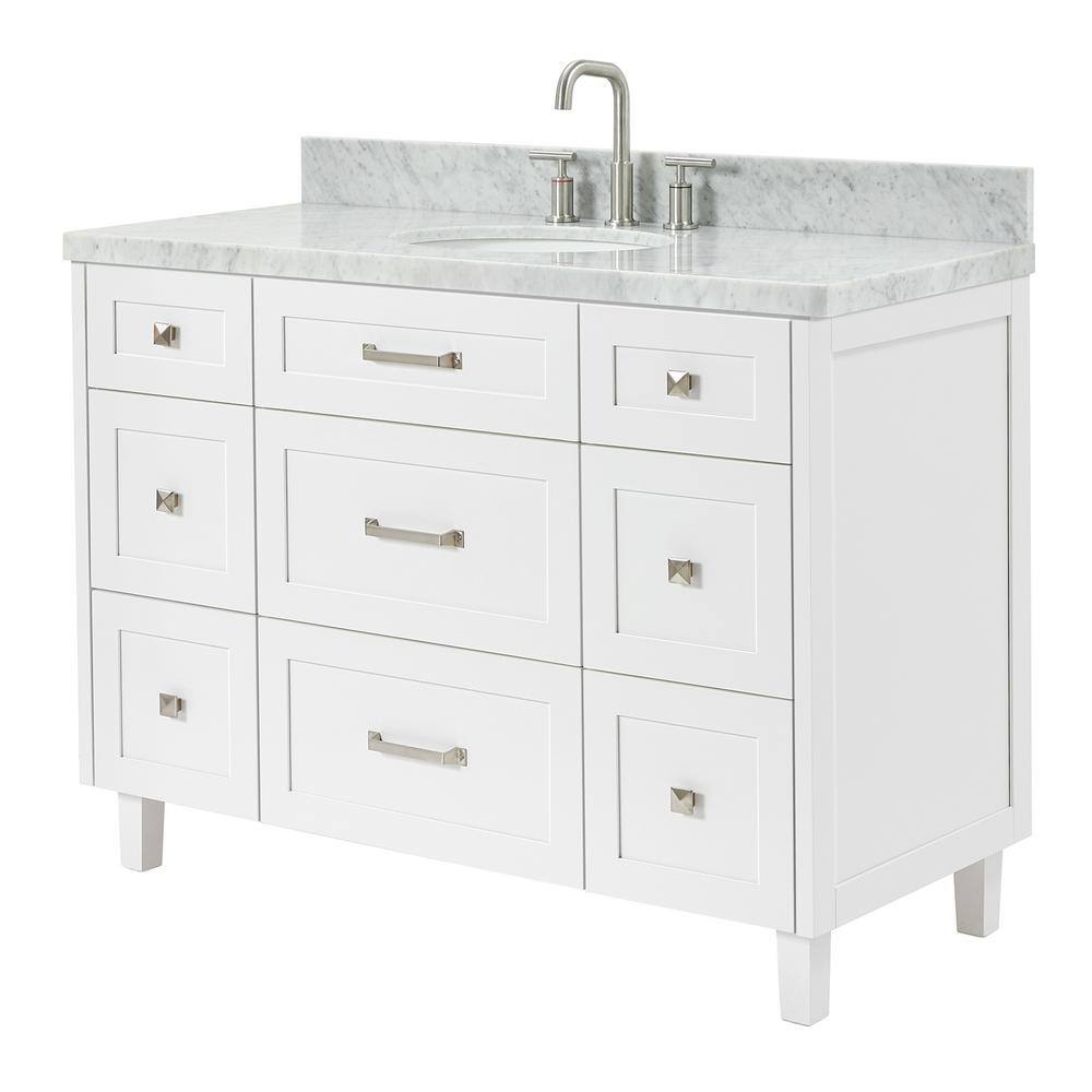 White Solid Wood Single Sink Bathroom Vanity with Marble Top