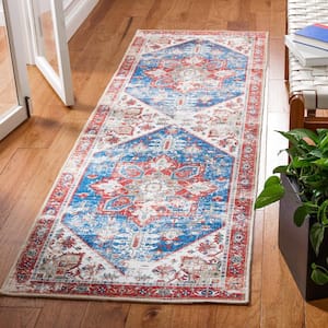Tuscon Blue/Red 3 ft. x 6 ft. Machine Washable Border Distressed Runner Rug