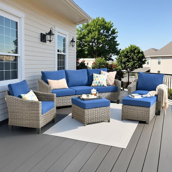 Bougainvillea 5 Pieces Wicker Outdoor Patio Conversation Seating Set with Navy Blue Cushions