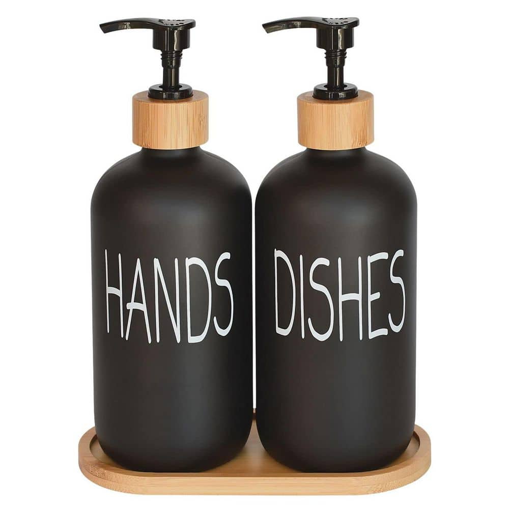 2-Piece Glass Soap Dispenser Set with Bamboo Tray in Matte Black for Kitchen and Bathroom price history on PriceWatchPro