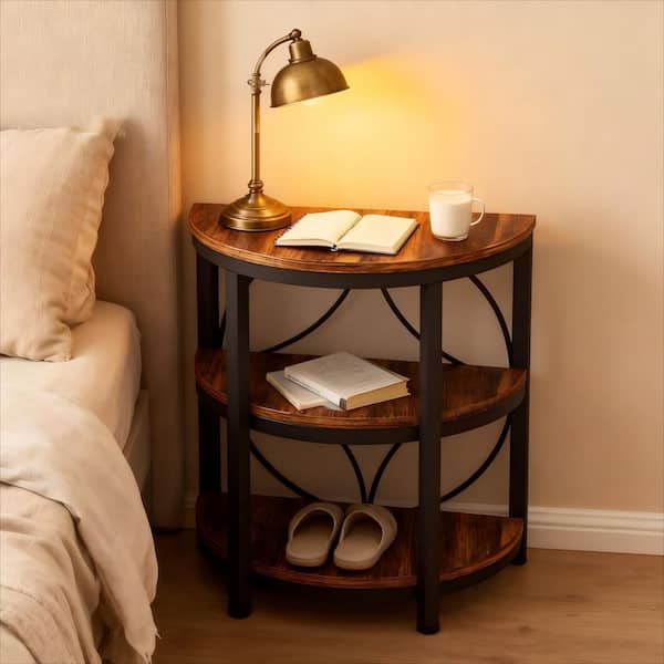 Fnova 26 in. H 3-Tier Brown Wood Half Round End Table, Industrial