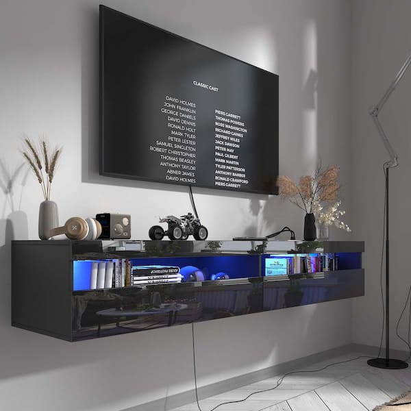 Unbranded 70.2 in. W x 15.6 in. D Floating TV Stand with LED Light Power Outlet, Decorative Wall Shelf with Storage Cabinet, Black