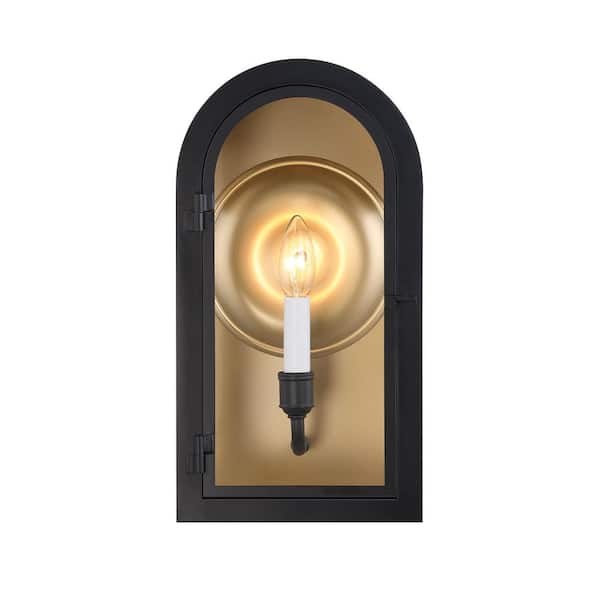 Grotto 15 in. 1-Light Matte Black with Vintage Gold Modern Outdoor Hardwired Wall Lantern Sconce with No Bulb Included