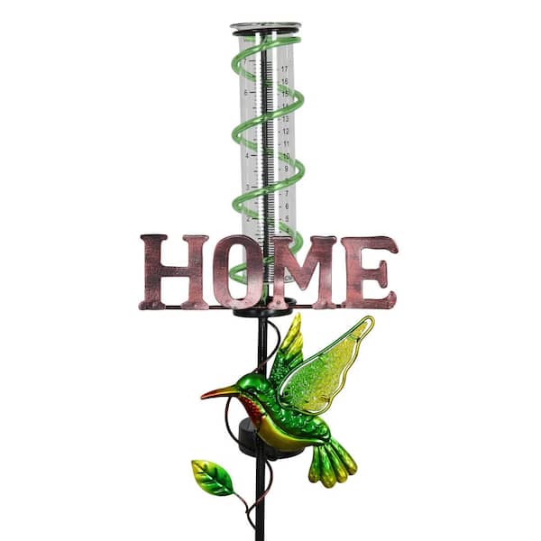 Exhart 2.63 ft. Multi-Color Metal Solar Hummingbird Rain Gauge Reads HOME Garden Stake
