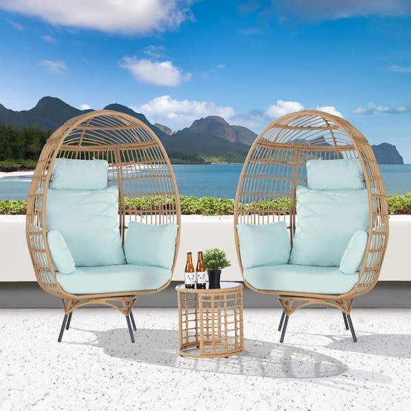 BFB 3-Piece Patio Wicker Swivel Lounge Outdoor Bistro Set with Side Table, Tiffany Blue Cushions