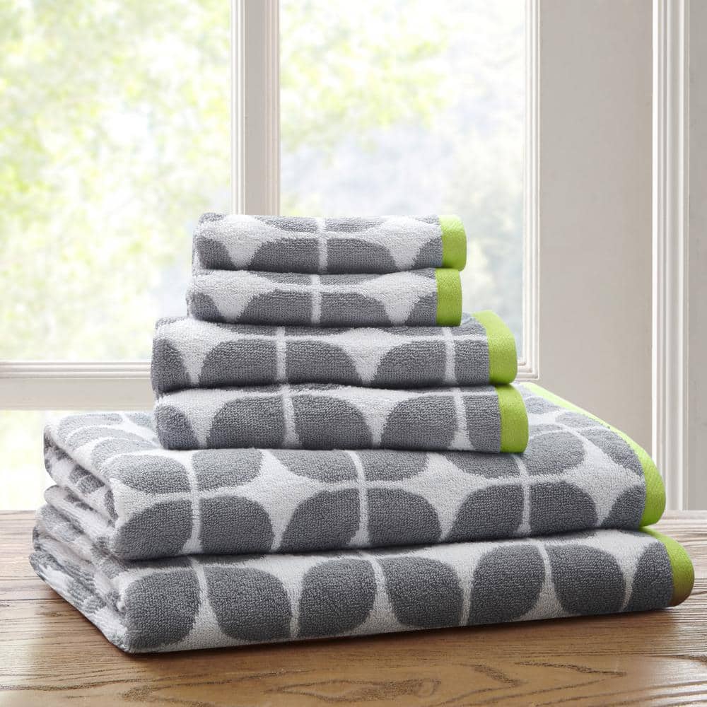 Lita 6-Piece Gray and Green Cotton Jacquard Towel Set