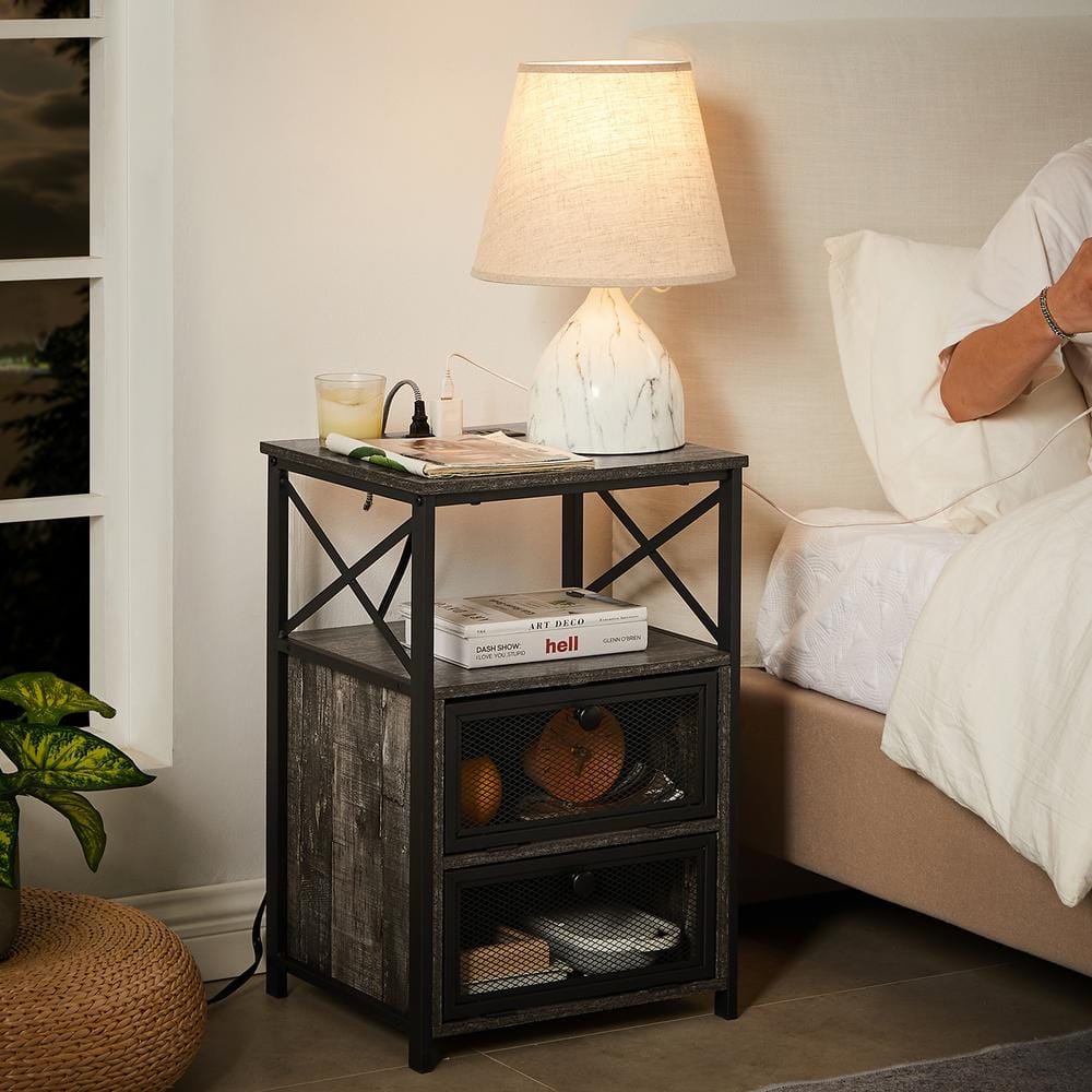 Gray and Black Metal Nightstands with Wood Top and USB Ports, Set of 2