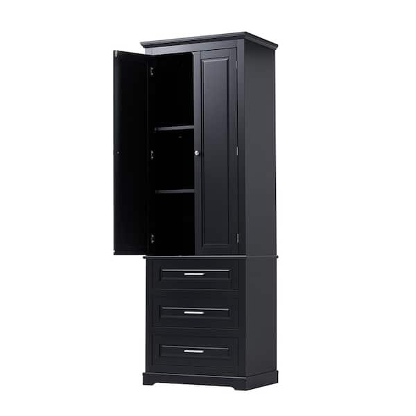 24 in. W x 15.7 in. D x 70 in. H Black Wood Linen Cabinet with 3 Drawers