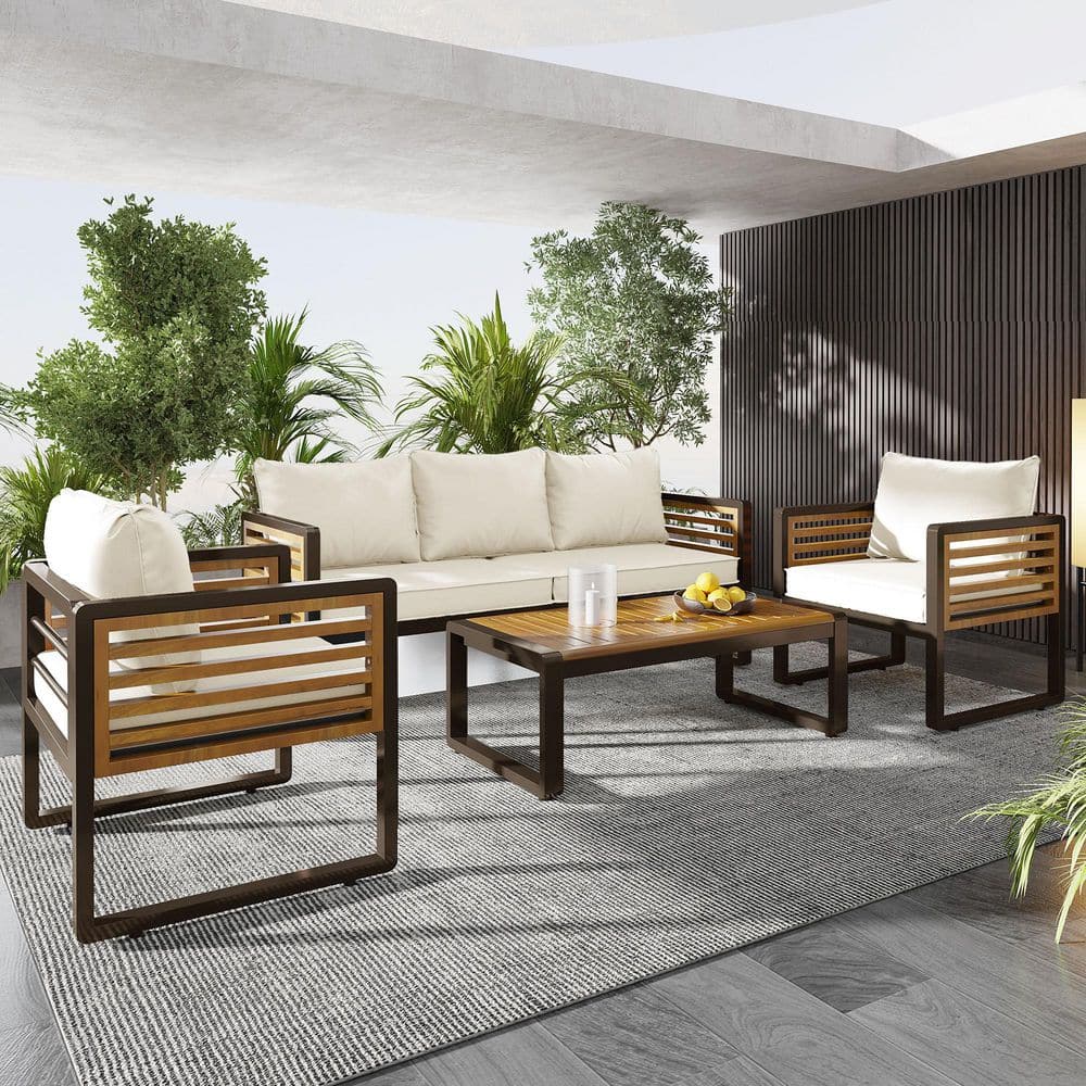 Large Size 4-Piece Brown Metal and Wood Frame Patio Conversation Set with Beige Cushions price history on PriceWatchPro
