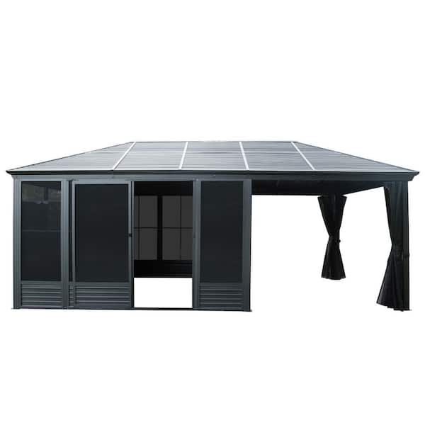 21 ft. x 11 ft. Outdoor Aluminum Frame Galvanized Steel Roof Hardtop Gazebo Sunroom with Netting and Curtains