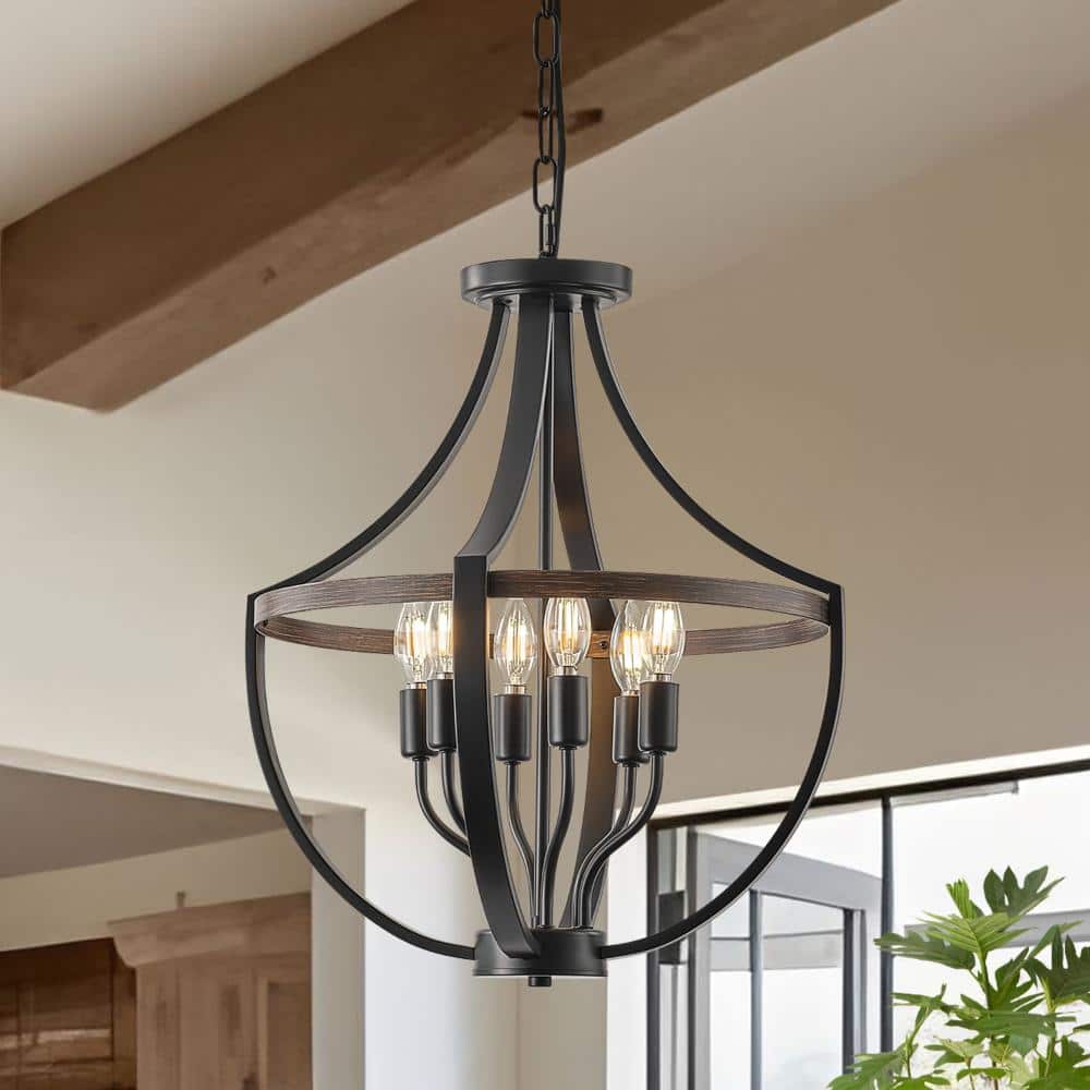 6-Light Black Farmhouse Chandelier with Wood-Tone Accent Ring, Modern Cage Pendant Light for Dining Room Kitchen Island price history on PriceWatchPro
