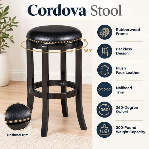 Boraam Cordova 29 in. Black Swivel Cushioned Bar Stool 33629 - The