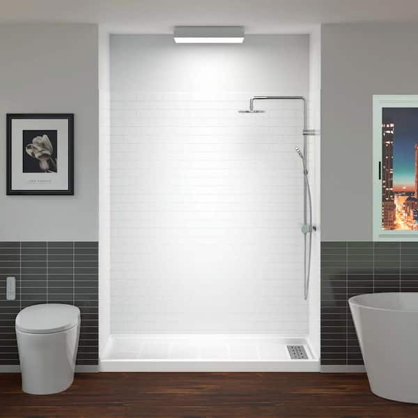 WOODBRIDGE 60 in. L x 36 in. W x 75 in. H 4-Pieces Alcove Shower Kit with Glue Up Shower Wall and Shower Pan in White/White-BN