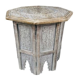 18 in. Antique Brown Farmhouse Wooden Side Table with Engraved Design and Octagonal Top