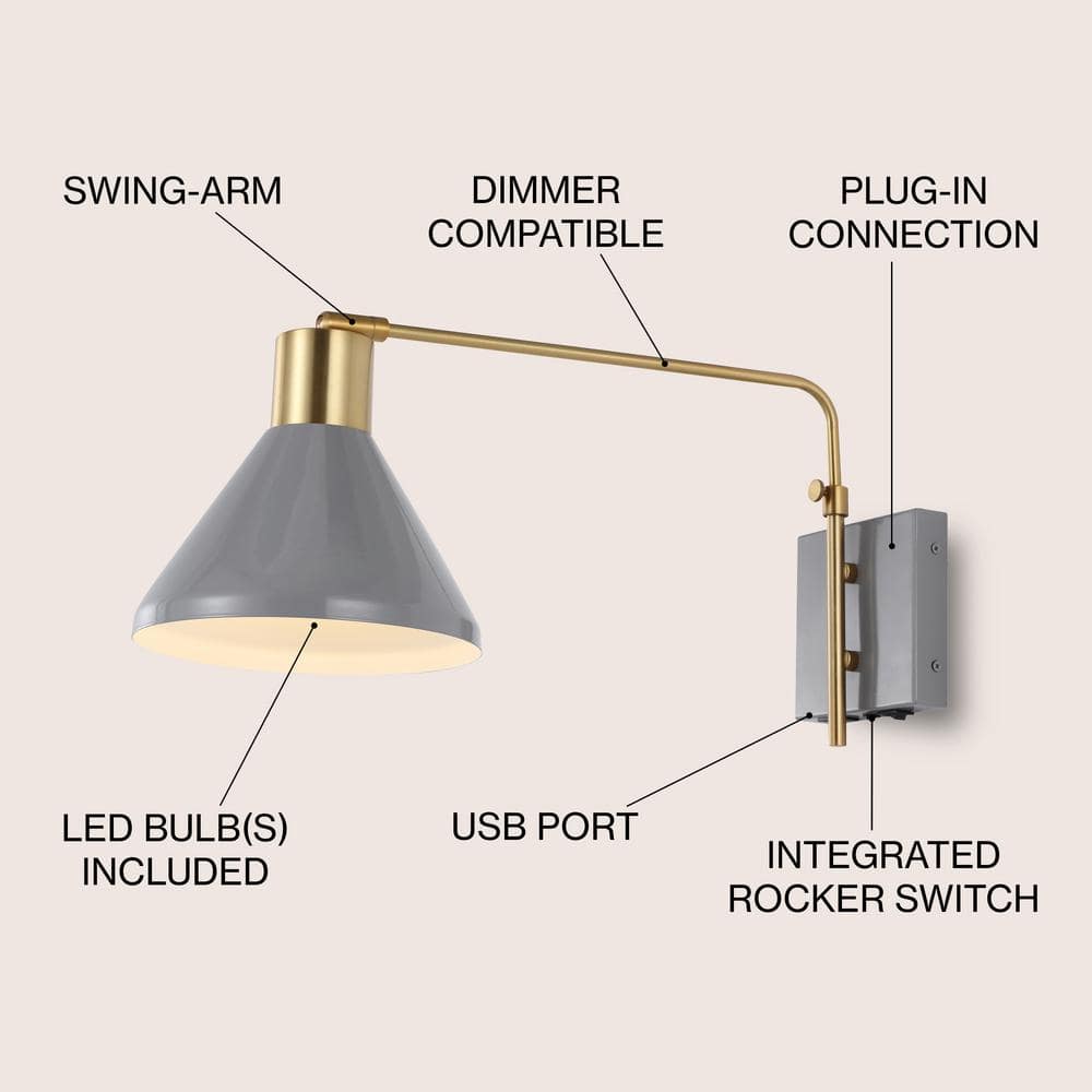 Max 20.5" Gray and Brass Gold Iron Swing Arm Sconce with USB Port