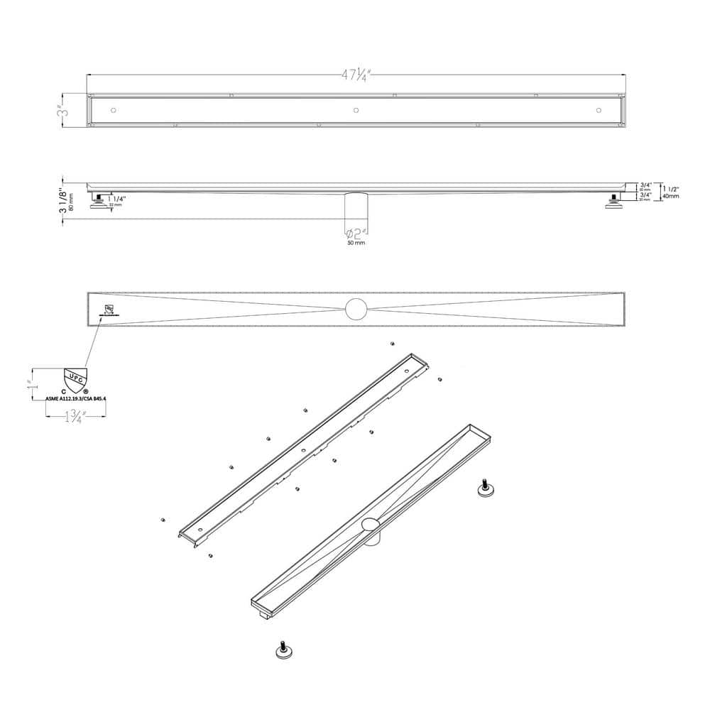 47" Brushed Stainless Steel Linear Shower Drain