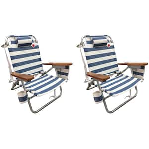 Folding Reclining Beach Chairs with Headrest, Cupholder, Storage, Wood Arms and Straps, Blue (2-Pack)