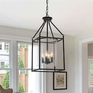 4-Light Black Lantern Chandelier with Seedy Glass Shade for Kitchen Island