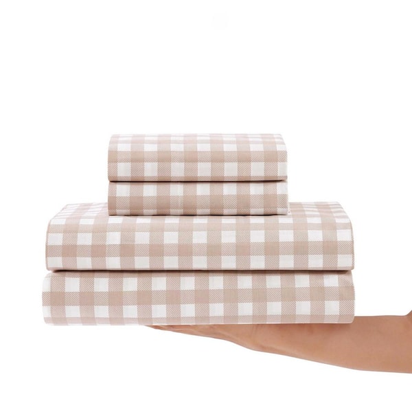 Cottage Check 4-Piece Beige Cotton King Sheet Set