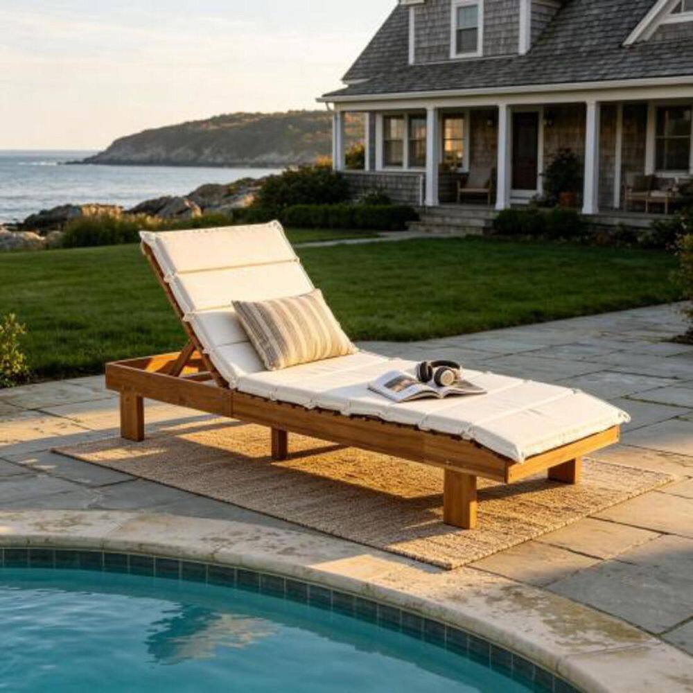 Avenik Teak Finish Acacia Wood Outdoor Patio Chaise Lounge with Multi-Fold Beige Cushion, Adjustable Backrest