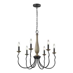 Simira 6-Light Weathered Gray Classic Rustic Farmhouse Hanging Candlestick Chandelier with Distressed Oak Finish Accents