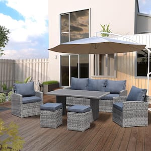 Peder Gray Plastic Rattan 6-Piece Outdoor Patio Sectional and Table Set with Gray Cushions and Carbon Steel Frame
