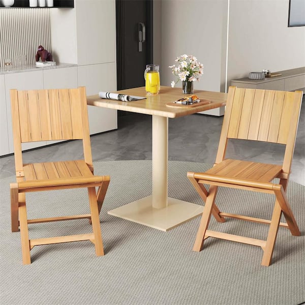 2 Piece Folding Patio Chairs with Inclined Backrest Teak Wood Outdoor Dining Chairs