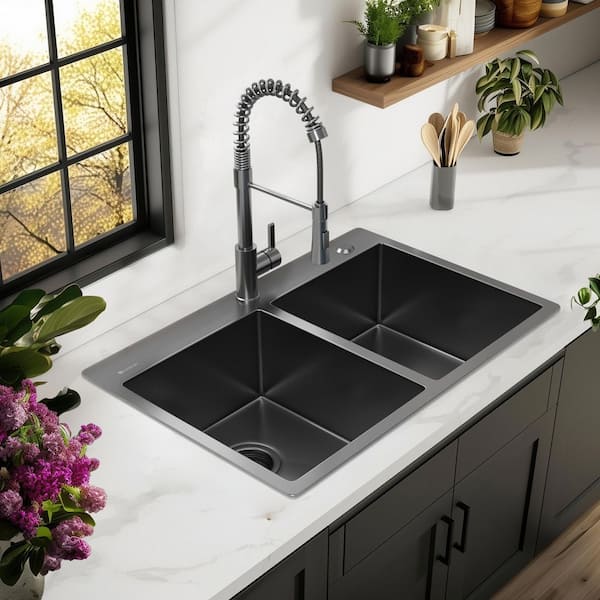 qdc Neptune Black Edition 希少 Glacier Bay 33 in. Drop-In Double Bowl 18 Gauge Gunmetal Black