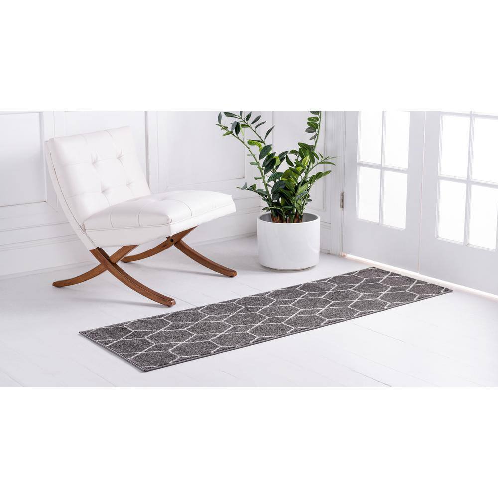 Dark Gray and Ivory Geometric Trellis Runner Rug