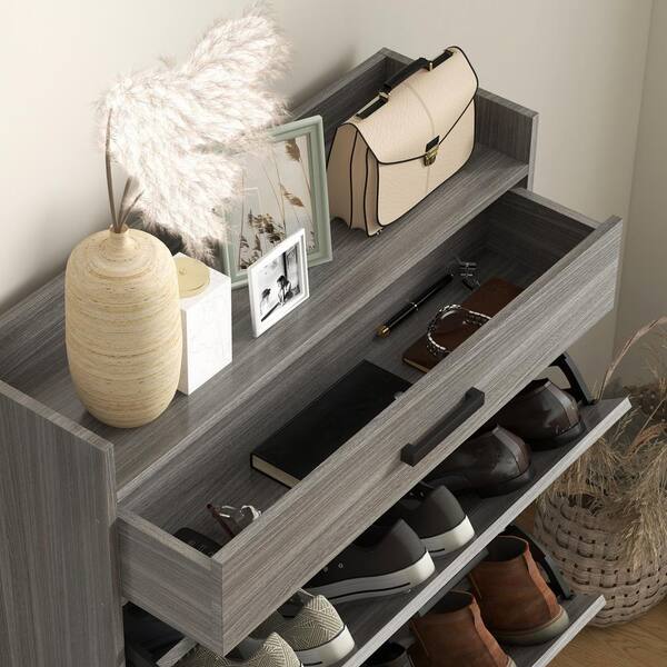 HOMCOM Distressed Gray 12 Pairs 2 Flip Drawers Adjustable Shelves Entryway Hidden Shoe Storage Cabinet 837 462V80GY