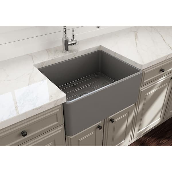 Classico Farmhouse Apron Front Fireclay 24 in. Single Bowl Kitchen Sink with Bottom Grid and Strainer in Matte Gray
