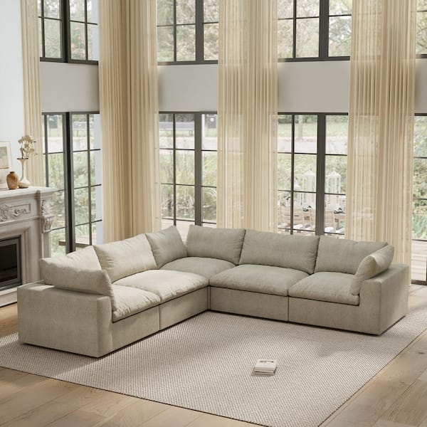 120 in. Square Arm Linen Deep Seat L Shaped 5-Piece Sectional Sofa in Light Brown with Removable Covers for Living Room