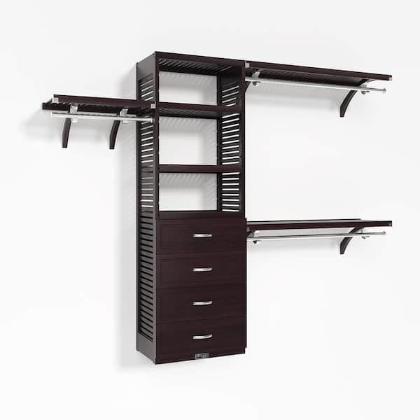 72 in. W - 120 in. W Espresso Walk in with 4 Drawers 16 in. Shelf Wood Closet System