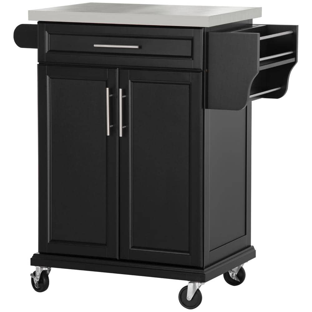 Black Wood 33 in. Kitchen Island with Stainless Steel Countertop, Drawer, T