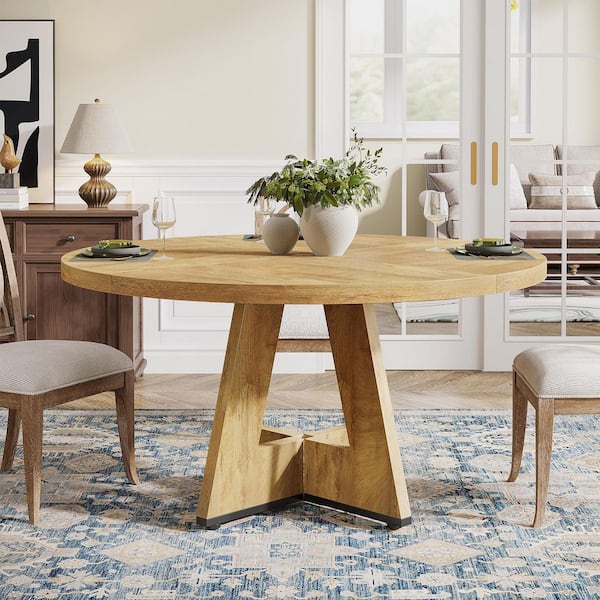 BYBLIGHT Roesler Farmhouse Light Brown Wood 47 In. 4 Legs Round Dining Table Small Kitchen Dining Table Seats 4