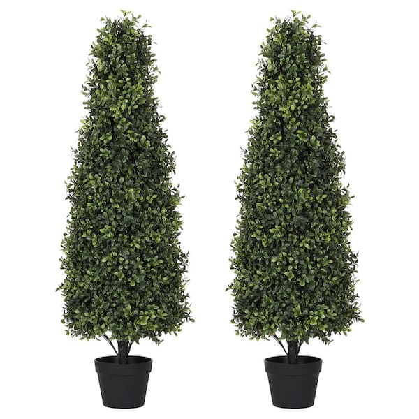 poetree 4 ft. Artificial Dark Green Boxwood Cone-Shape Topiary Tree in Pot 2-Pack