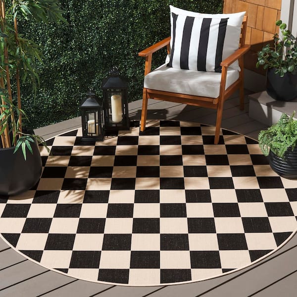 Courtyard Black/Beige 3 ft. x 3 ft. Checkered Indoor/Outdoor Round Area Rug
