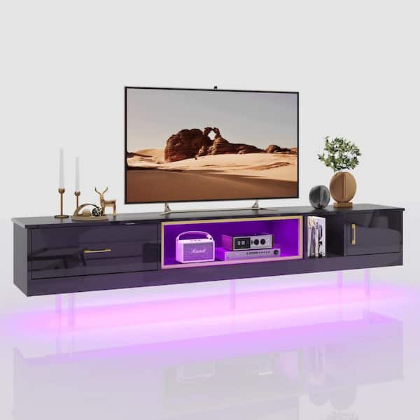 Bestier 80 in. High Gloss TV Stand fits TVs up to 85 in. LED Entertainment Center with Drawer and Cabinets Black and Gold