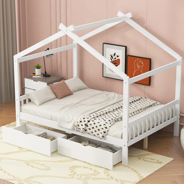 Harper & Bright Designs White-Full Size Wood House Platform Bed with 2-Drawers