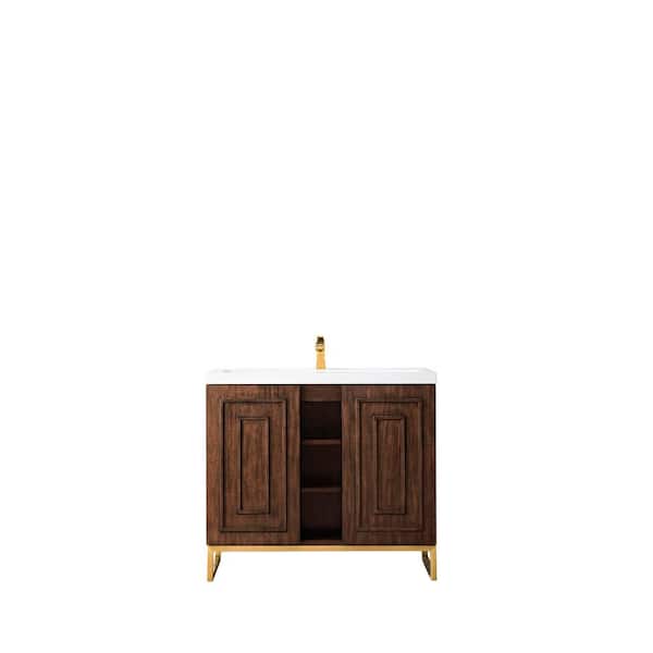 James Martin Vanities Alicante 39.4 in. W x 15.6 in. D x 35.5 in. H Bath Vanity in Mid Century Acacia with White Glossy Top