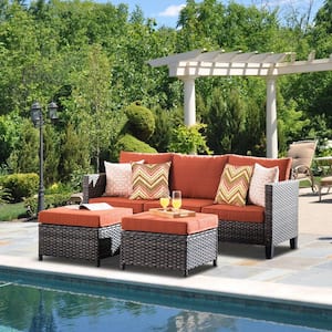 Megon Holly Gray 3-Piece Wicker Outdoor Patio Conversation Seating Sofa Set with Orange Red Cushions